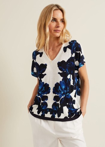 Phase Eight Mia Floral Print Linen Knitwear Navy/White USA | 2953741-NW